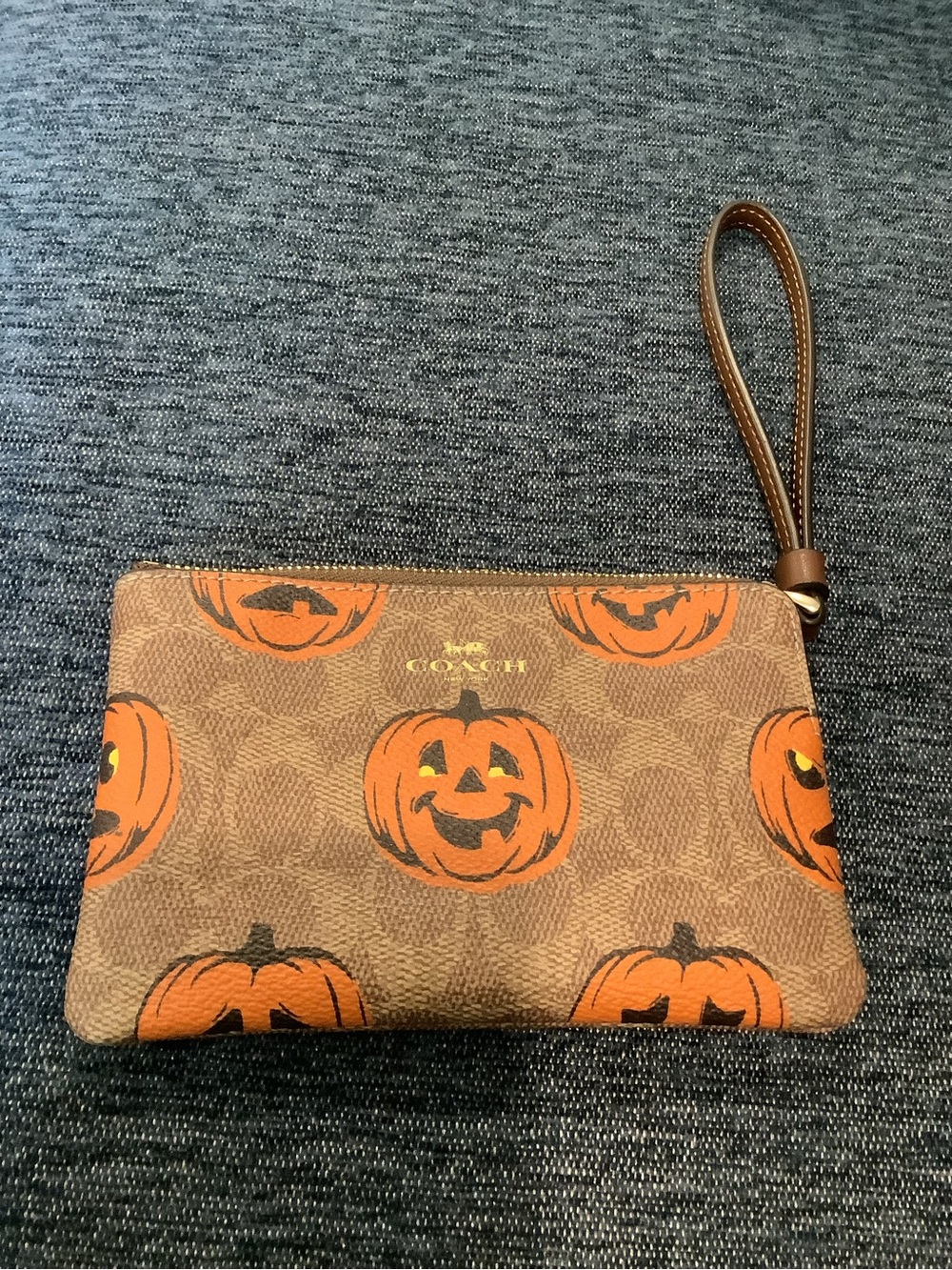Coach Brown Signature Pumpkin Print Wristlet